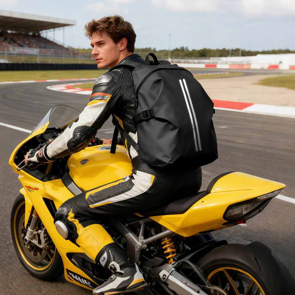 WEPLAN motorcycle helmet backpack back view highlighting ergonomic design