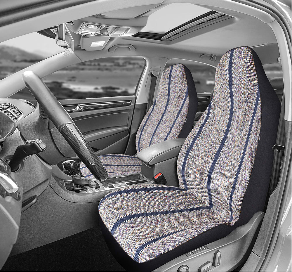 West Coast Auto Baja blanket seat cover blue seat detail highlights durable stitching