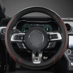 West Llama black and red stitching detailing on steering wheel cover
