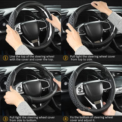 West Llama black-gray leather steering wheel cover close-up with refined finish