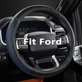 West Llama diamond quilted steering wheel cover, black and blue, front view showing fit.