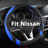 West Llama flat-bottom steering wheel cover for Nissan with D-shaped fit and blue accent