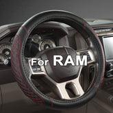 West Llama Dodge Ram 16inch diamond-quilted steering cover in black and red for stylish protection.