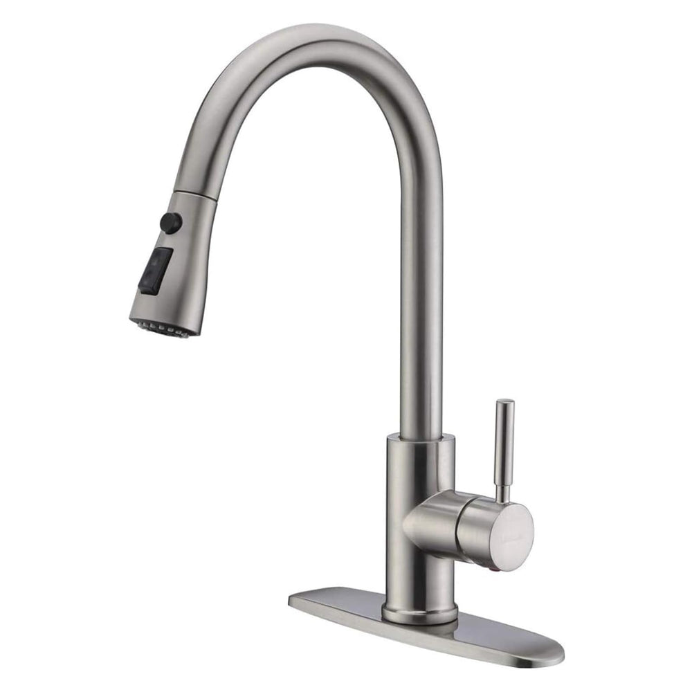 WEWE pull-out kitchen faucet with high-arc brushed nickel for flexible sink access.