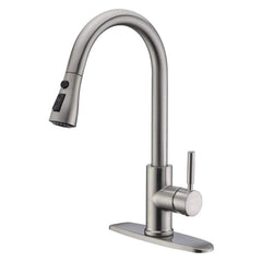 WEWE pull-out kitchen faucet with high-arc brushed nickel for flexible sink access.