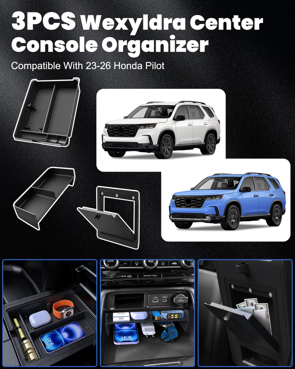 Wexyldra dash organizer provides quick-access storage for keys, cards, and coins