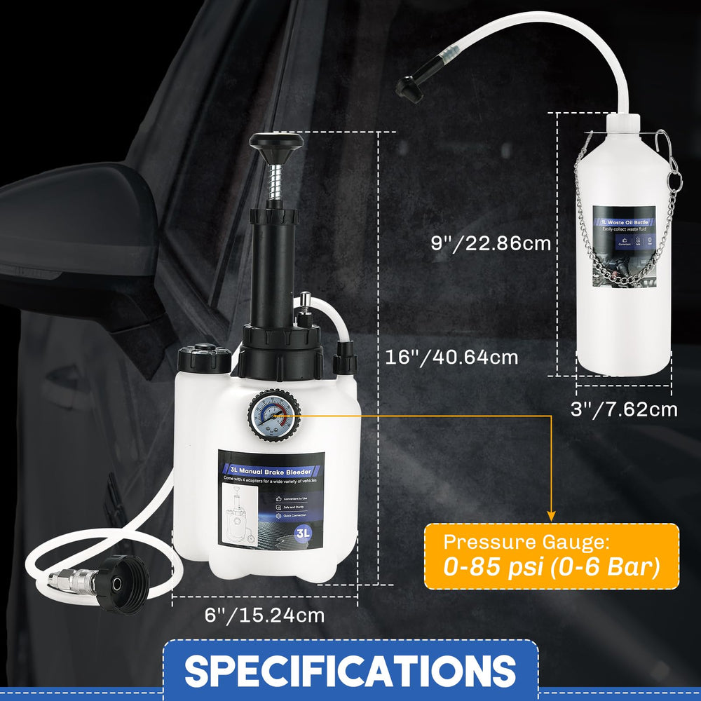 Weyleity brake bleeder in use demonstrating one-person operation with visible gauge.