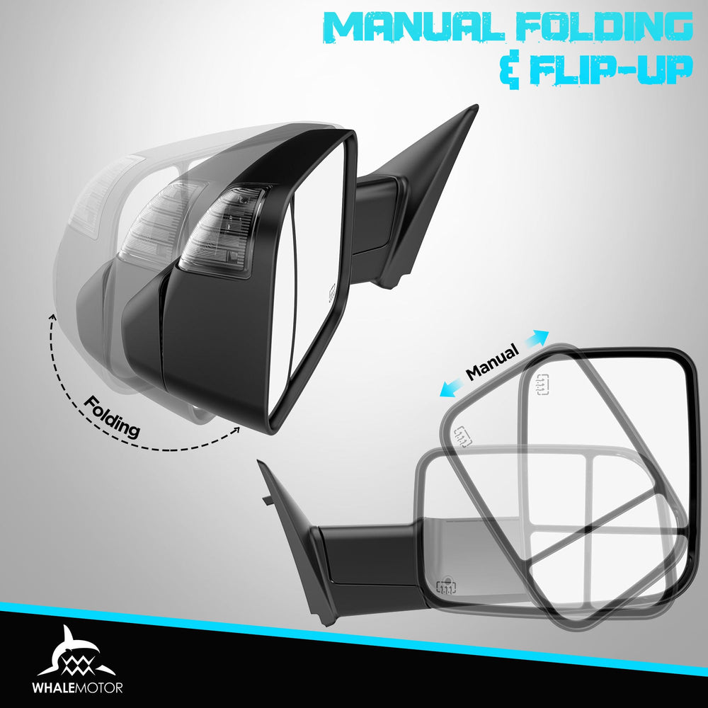 WHALEMOTOR flip-up tow mirror extended for better trailer visibility