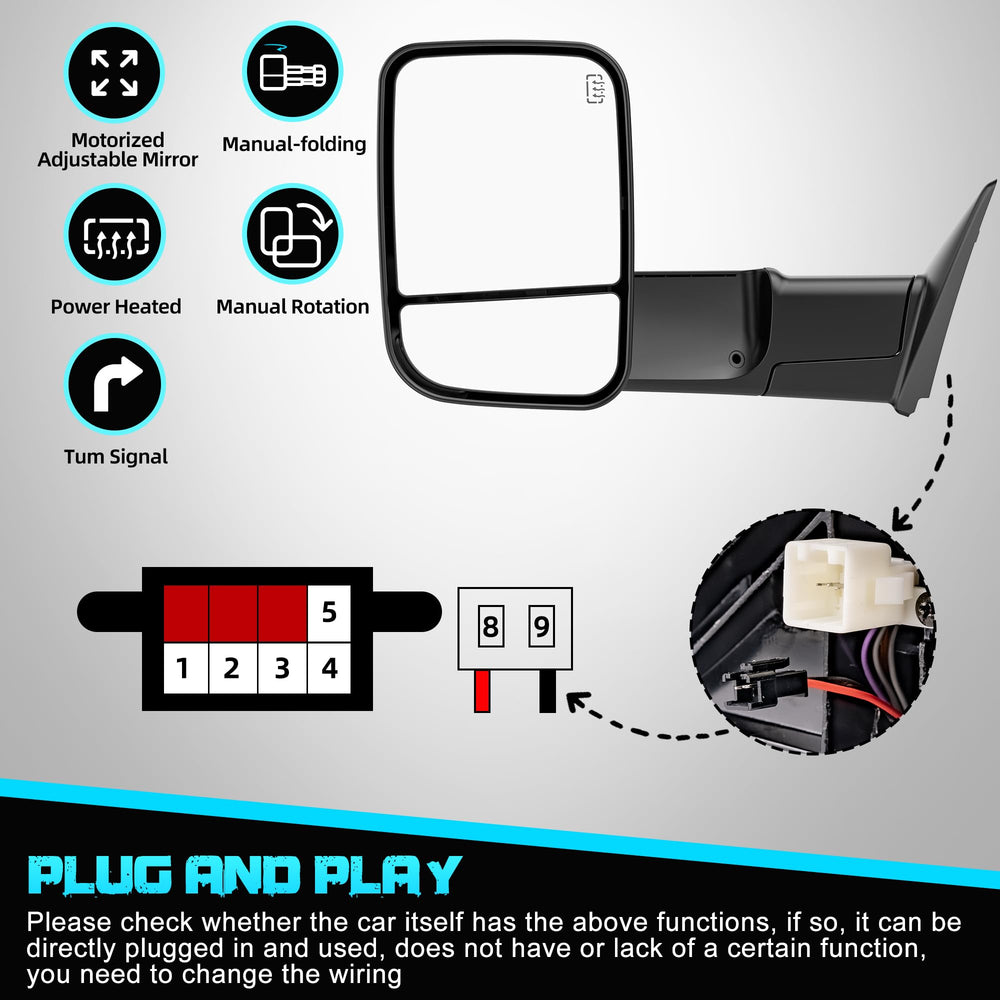 WHALEMOTOR flip-up tow mirror extension enables easy reach when towing.