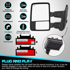 WHALEMOTOR smoked heated tow mirrors side extended arm shows adjustable reach for trailer sightlines