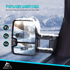 WHALEMOTOR smoked power heated tow mirrors with convex mirror for broader rear-side detection.