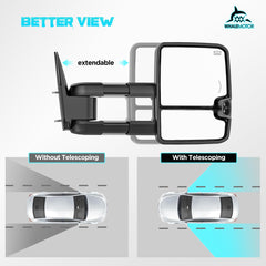 WHALEMOTOR smoked power heated tow mirrors with extendable arms for trailer clearance.