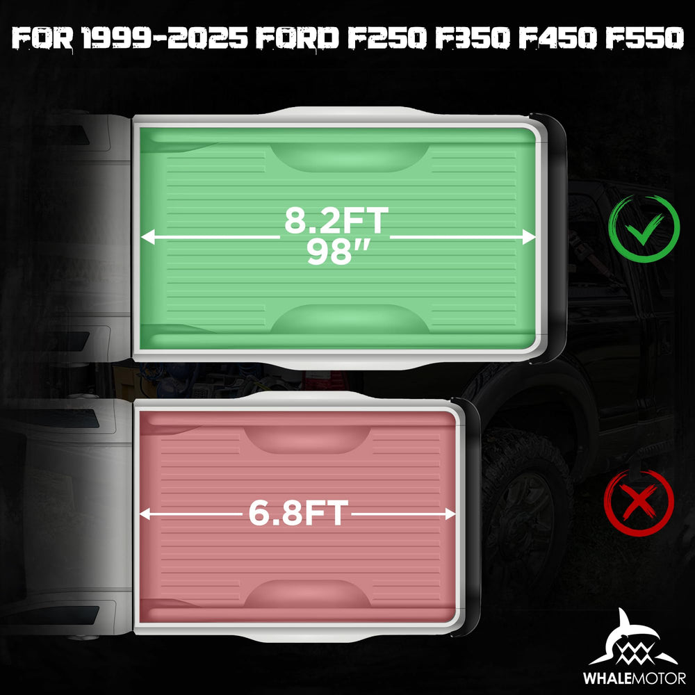 WHALEMOTOR tonneau cover in place on Ford F-250 8.2ft bed; rear view.