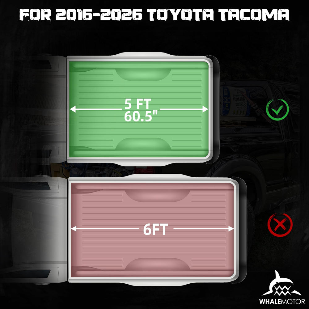 WhaleMotor tri-fold tonneau cover with deck rail on Toyota Tacoma for secure cargo.