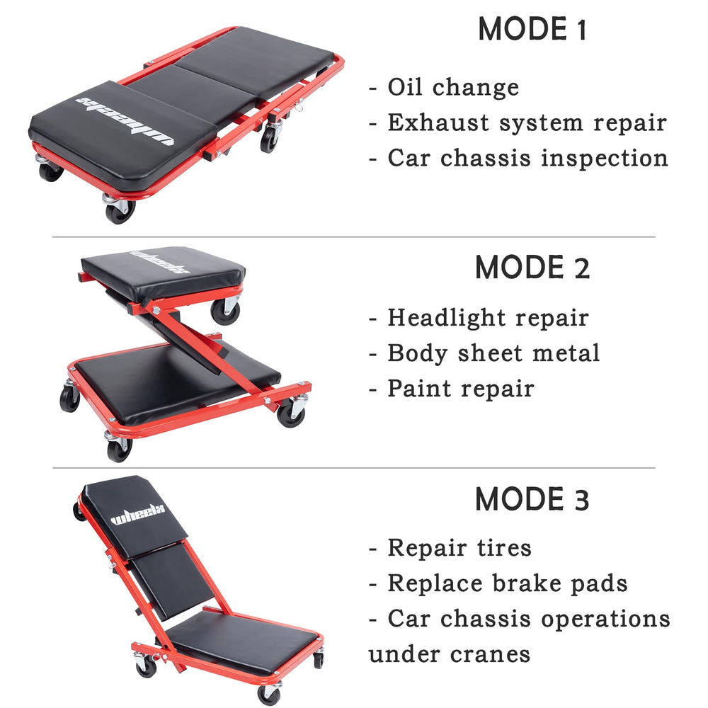 WheelX Mechanic Creeper 3-in-1 config adapts to creeper, seat, or recline