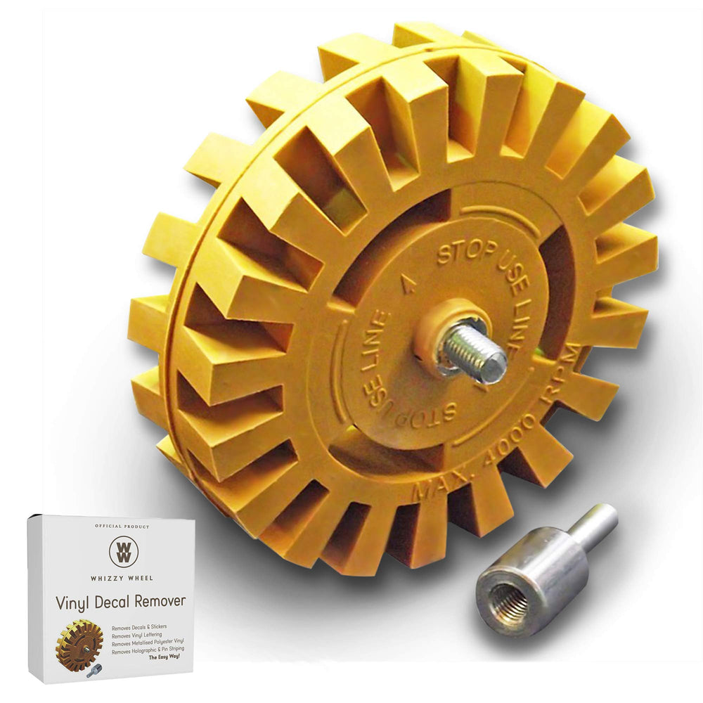 Whizzy Wheel 4-inch decal remover close-up for fast, safe sticker removal on cars.