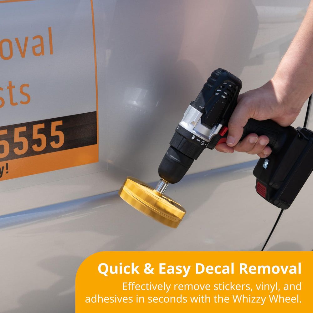 Whizzy Wheel adhesive removal on car shows paint-safe performance with no scratches.