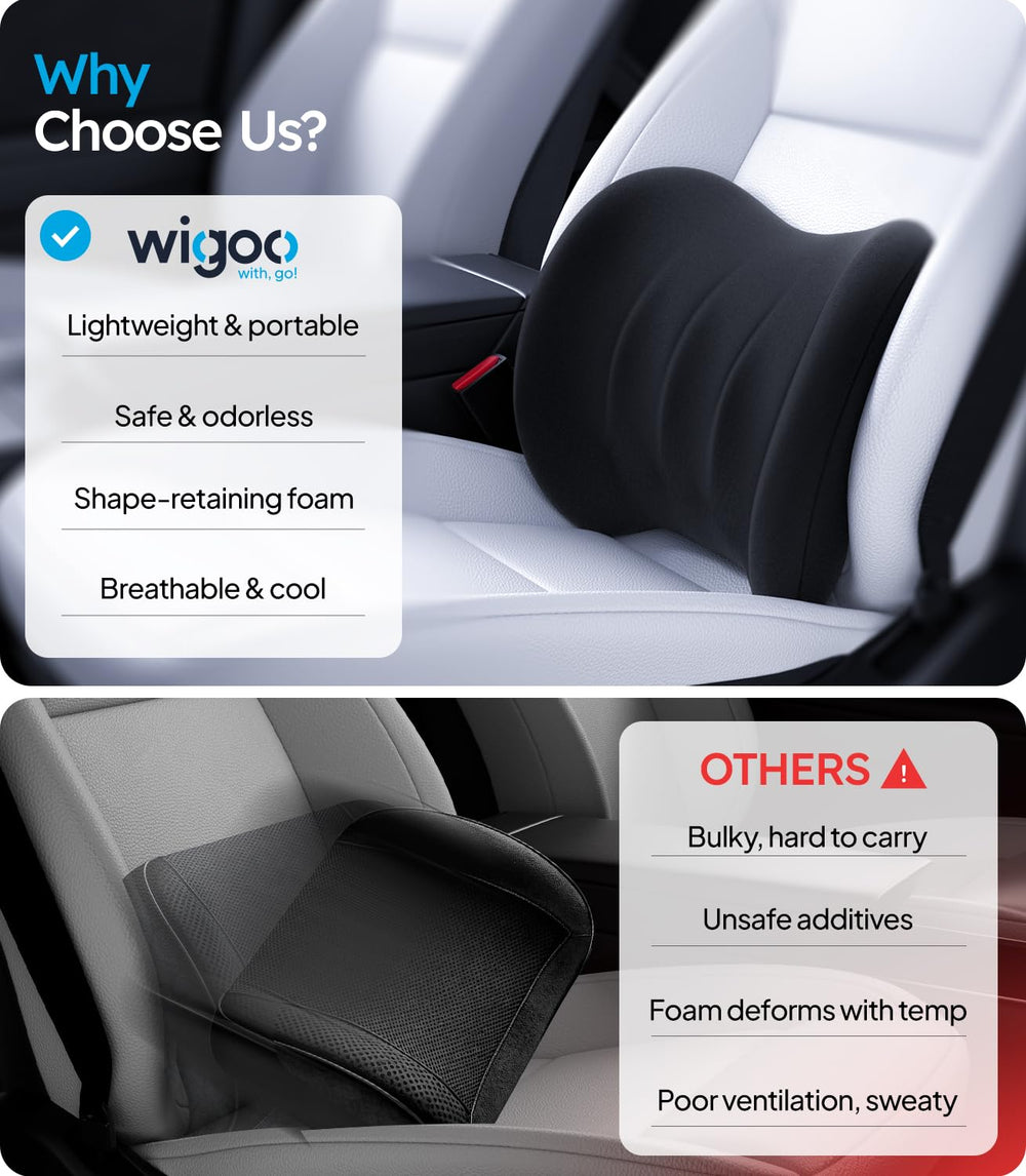 Wigoo 100D memory foam core retains shape and supports during lengthy drives.
