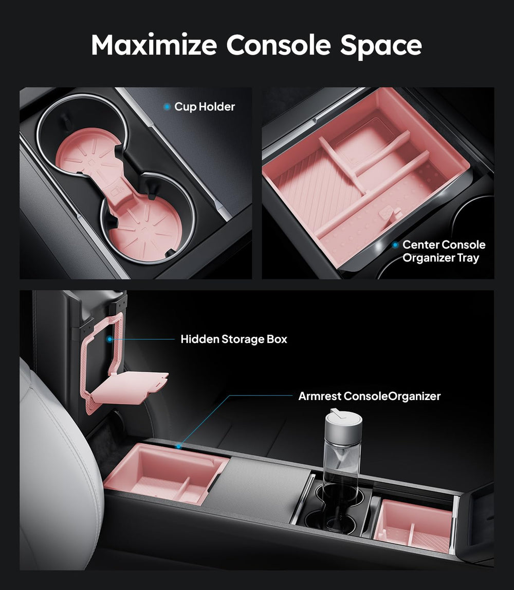 Wigoo center console with sliding trays in pink for quick access