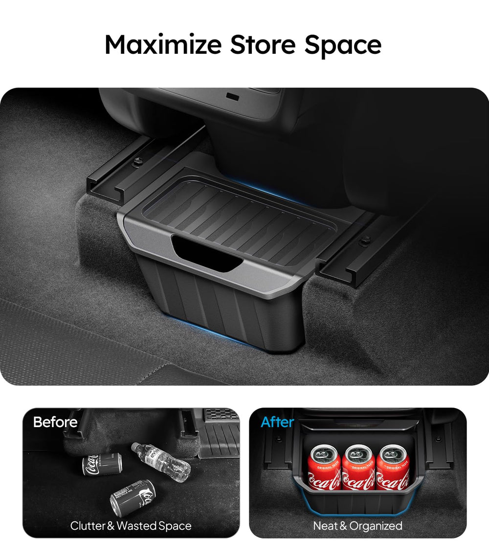 Wigoo partitioned backseat storage in Model Y to keep essentials organized on trips.