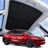 Wigoo Tesla Juniper sunshade front roof close-up highlights precise fit and heat protection.