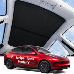 Wigoo Tesla Juniper sunshade front roof close-up highlights precise fit and heat protection.