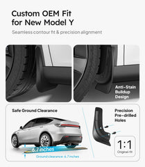 Precision-fit Wigoo mud flaps aligning with factory mounting on Model Y Juniper.