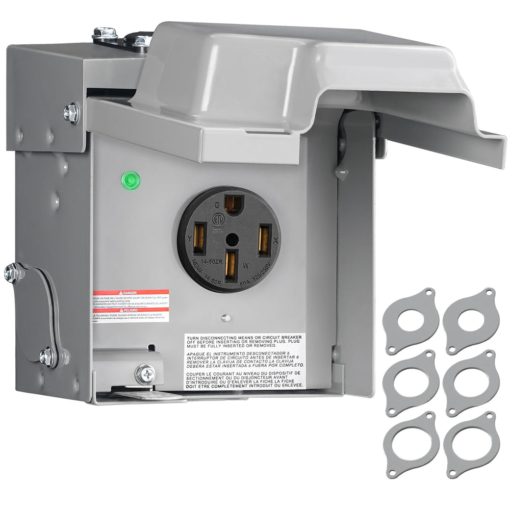 WILAWELS 50A RV outlet box front view showing rugged weatherproof shell