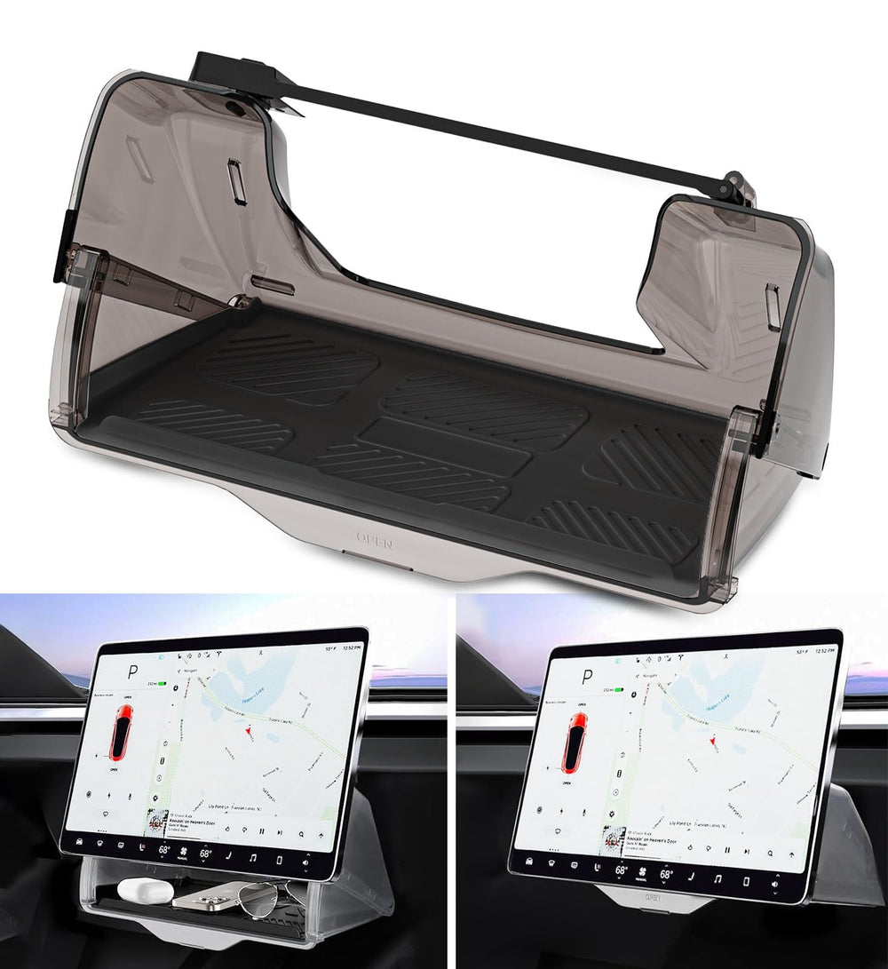 WinDu under-screen storage in Tesla Model 3/Y front view for easy item access.