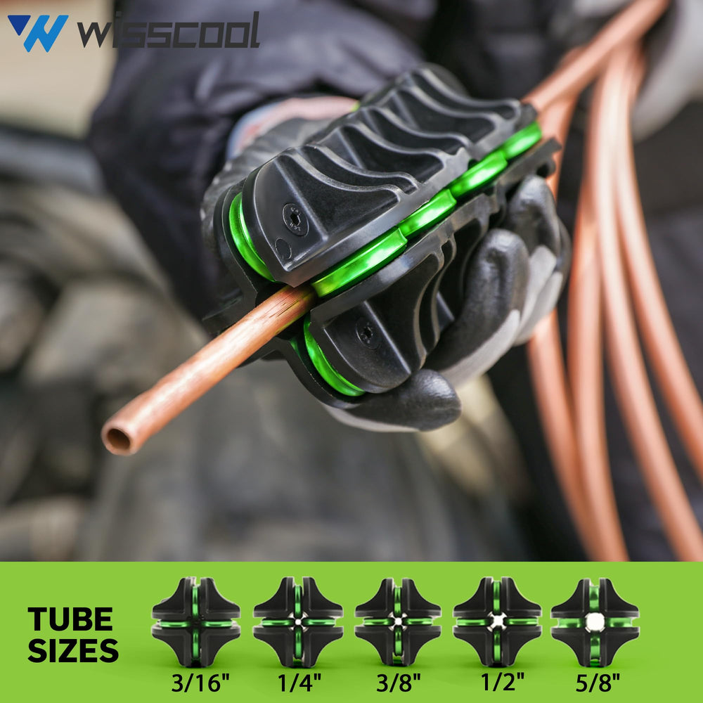 Wisscool 3/8-inch tube straightener in use on a brake line for precise alignment.
