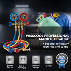 Wisscool AC gauges hoses in red, blue, and yellow for flexible charging.