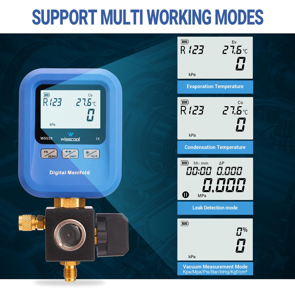 WISSCOOL digital gauge in vacuum-test mode enabling quick air removal.