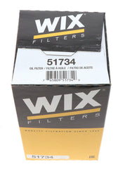 WIX 51734 oil filter packaging, ready for synthetic and high-mileage oil compatibility.