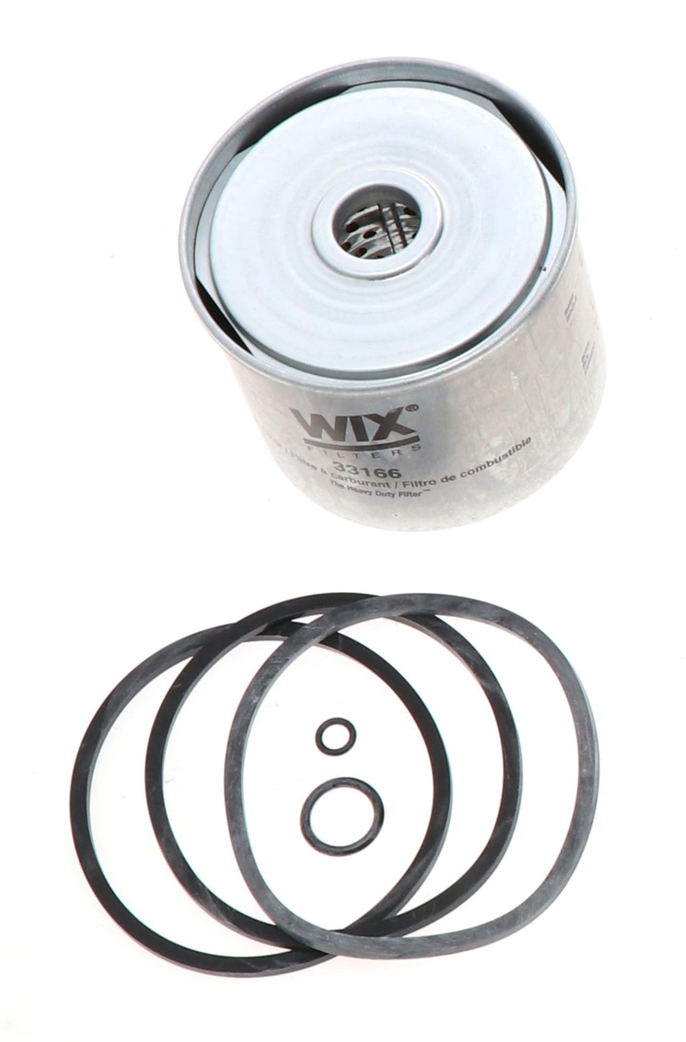 WIX Filters 33166 heavy-duty cartridge in metal canister ready for engine fuel filtration.