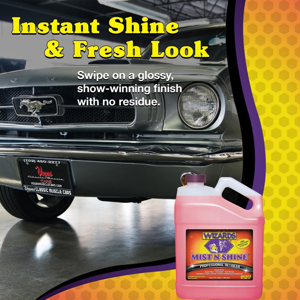 Wizards Mist-N-Shine on windshield delivers crystal clarity and water spot resistance.