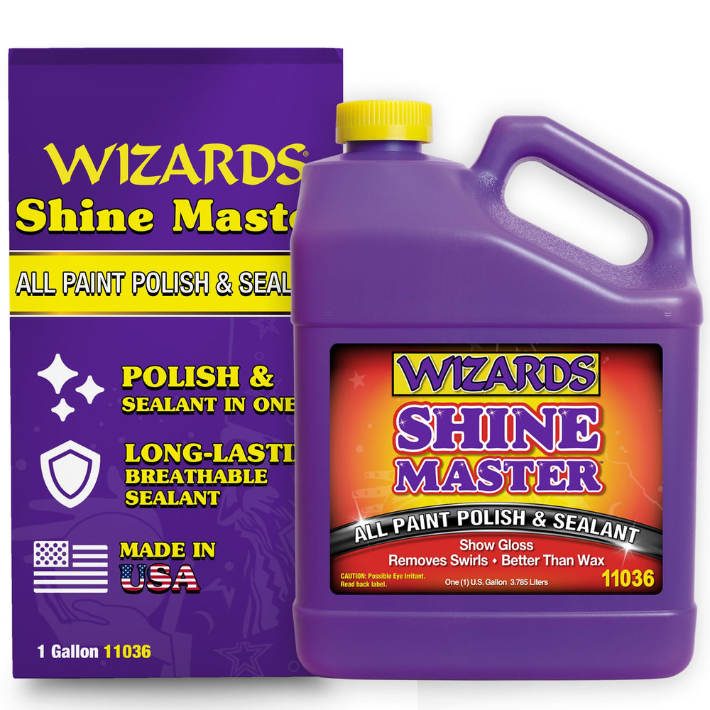 Wizards Shine Master Polish and Sealant bottle close-up for durable vehicle protection
