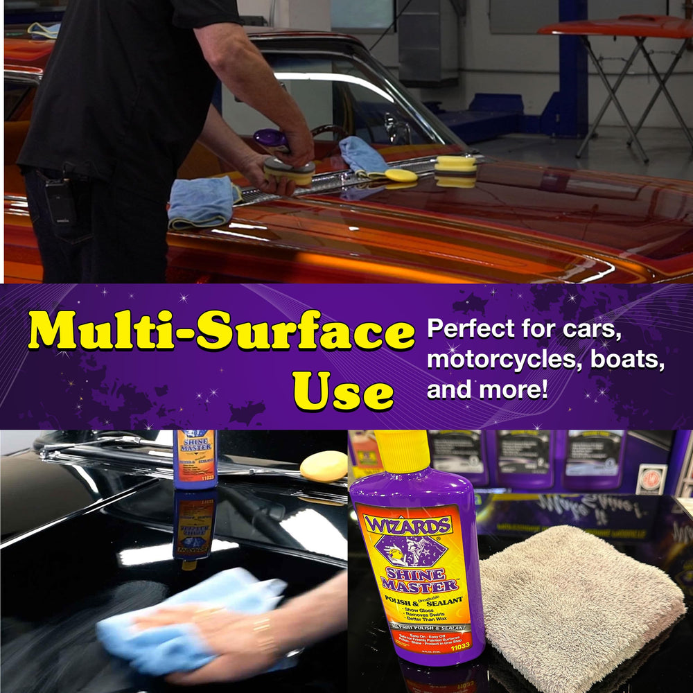 Wizards Shine Master Polish and Sealant used for boat detailing and vinyl protection.