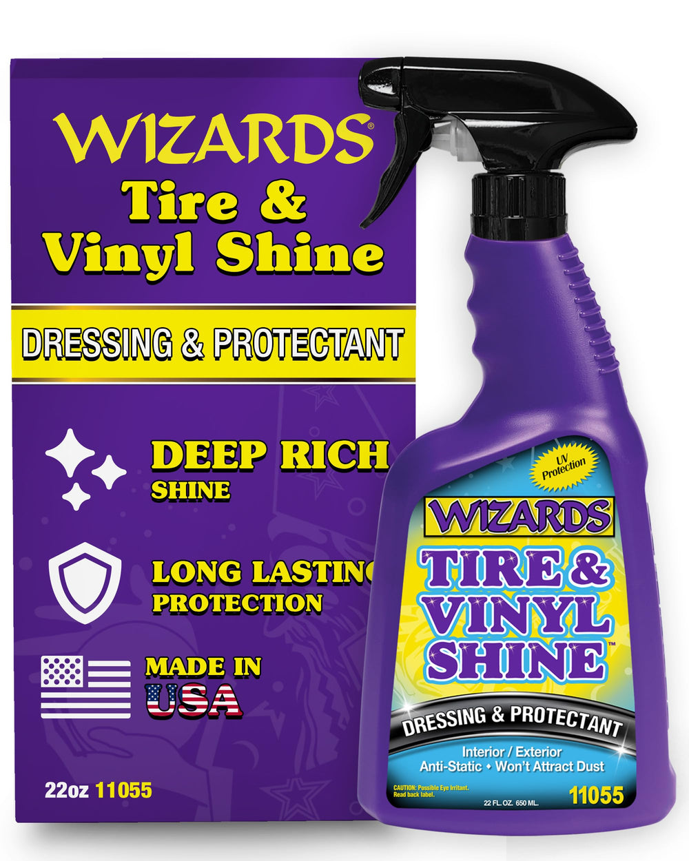 Wizards Tire and Wheel Vinyl Shine bottle front view for quick detailing.