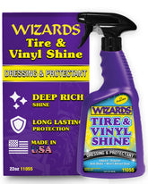 Wizards Tire and Wheel Vinyl Shine bottle front view for quick detailing.