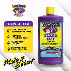 Wizards Turbo Cut buffing action shows efficient cut for clarity restoration.