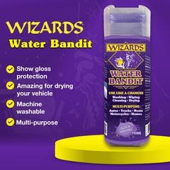 Wizards Water Bandit in action on a car windshield for streak-free drying.