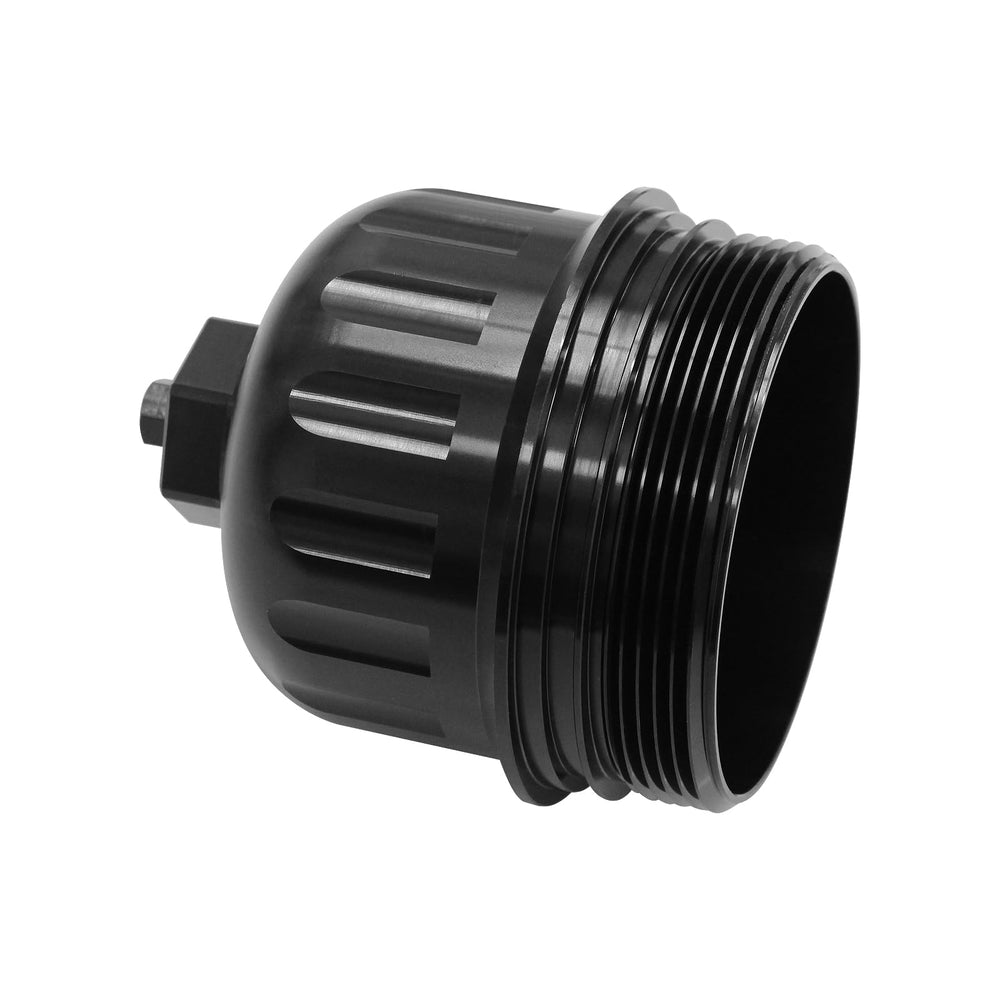 WnSEu billet cap anodized black surface resists corrosion.