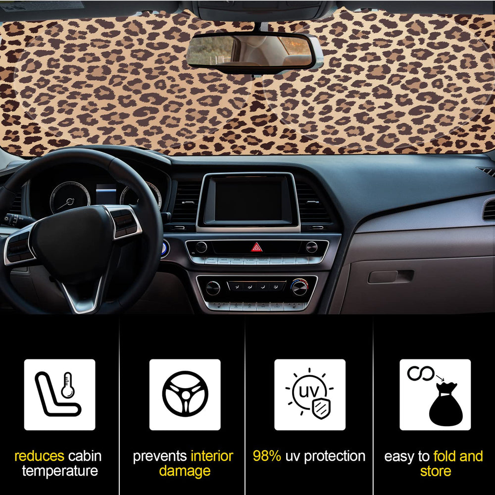 Woanger leopard windshield shade blocking heat for a cooler drive