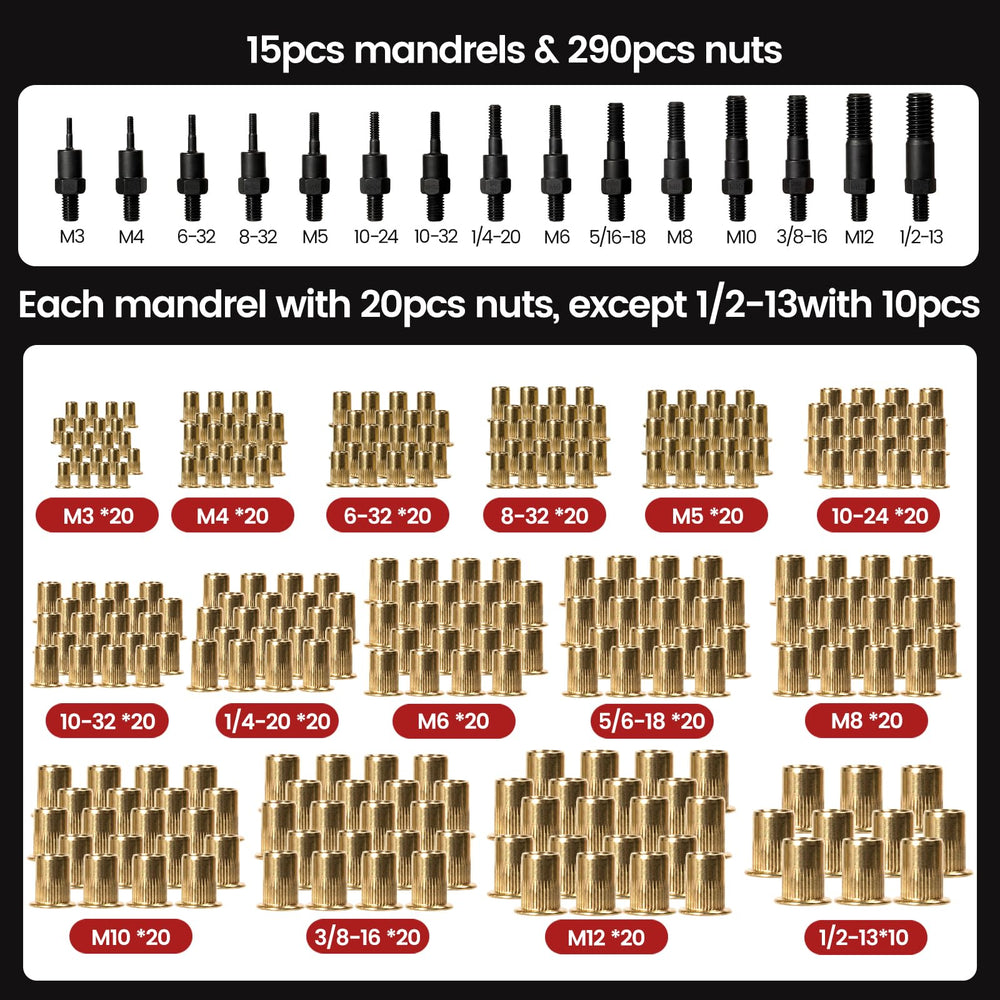 WOBANK Rivet Nut Tool with 15 mandrels for versatile thread sizes