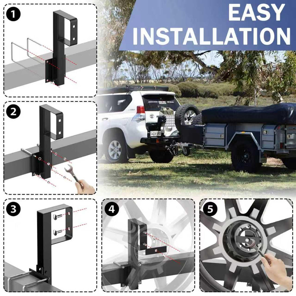WOIRON folding spare tire bracket open, showing quick tire change capability.