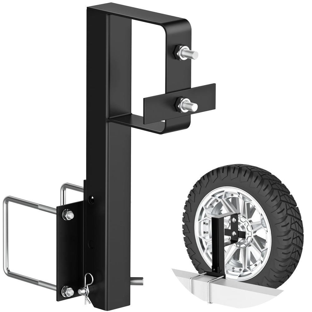 WOIRON heavy-duty folding spare tire bracket mounted on a trailer bumper for secure travel.