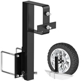 WOIRON heavy-duty folding spare tire bracket mounted on a trailer bumper for secure travel.