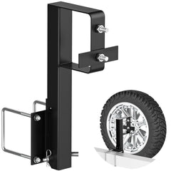 WOIRON heavy-duty folding spare tire bracket mounted on a trailer bumper for secure travel.
