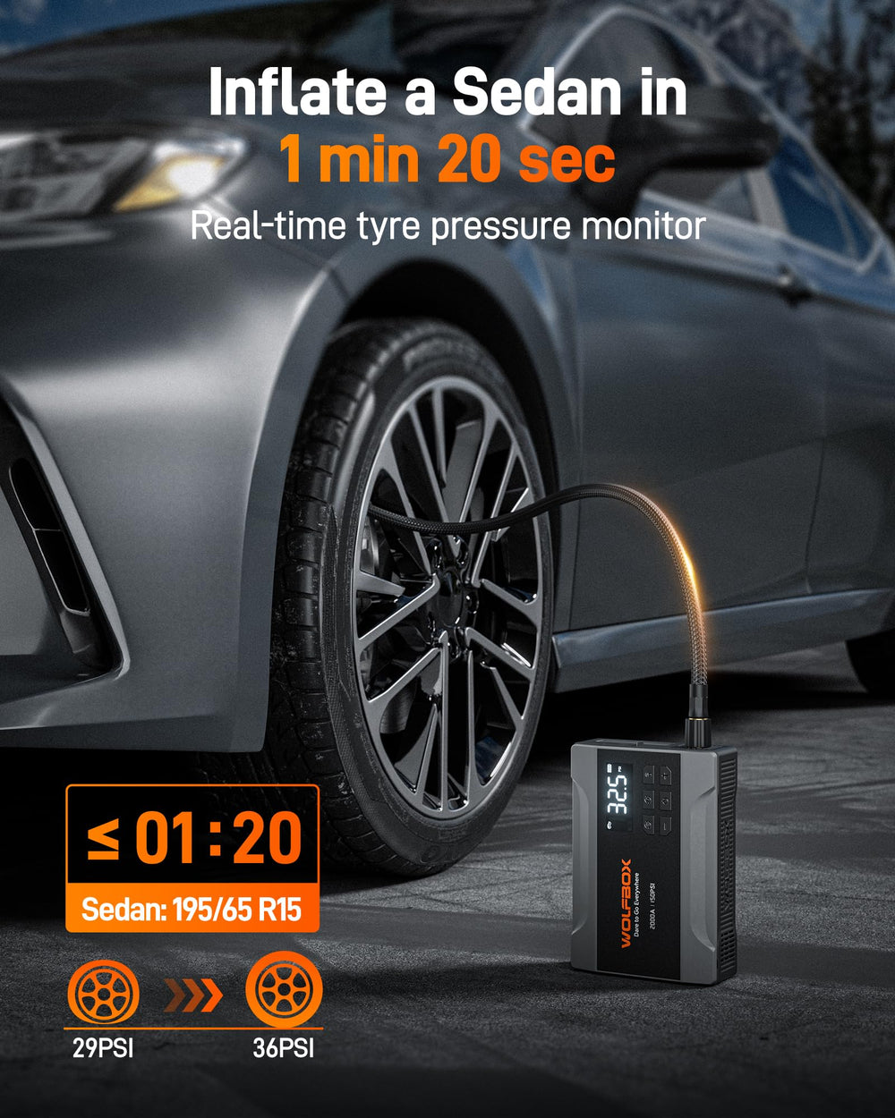 WOLFBOX 2000A air compressor inflates tires with real-time pressure readouts