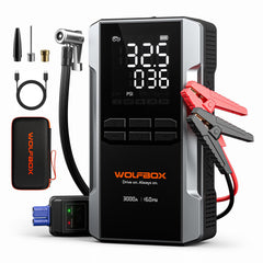 WOLFBOX 3000A jump starter powering a dead car battery for quick starts.